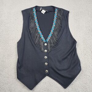 Vtg Knit Stitches Vest Top Womens M Black Fringe Aztec Concho Festival Rodeo 90s